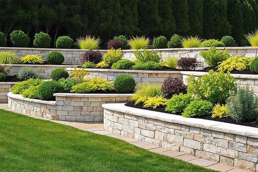 Retaining garden walls create structure and planting areas in this lovely large garden